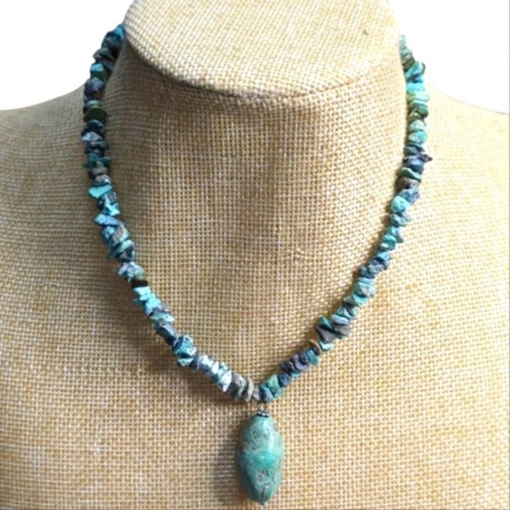 Treska Turquoise Chip Bead Necklace Oval Pendant Southwestern Boho Teal Blue
